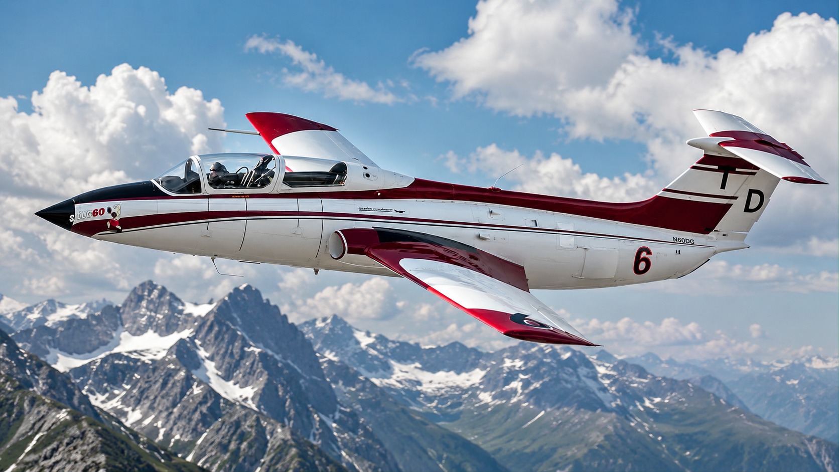 LB Aero L-29T jet in flight over mountains.