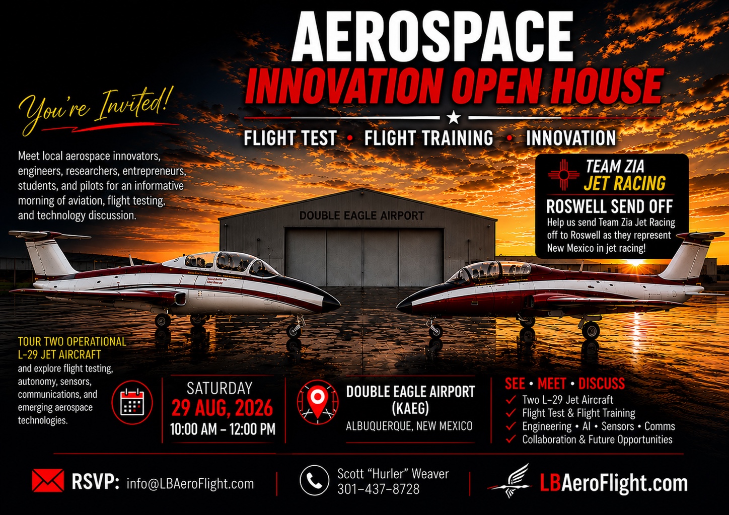 Aerospace Innovation Open House — Flight Test, Flight Training, Innovation. Saturday 29 August 2026, 10:00 AM to 12:00 PM at Double Eagle Airport (KAEG), Albuquerque, New Mexico. Tour two operational L-29 jet aircraft.
