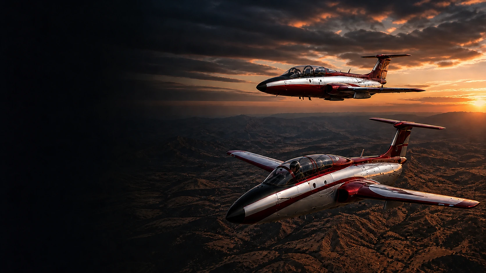 Red and white Aero L-29 jet aircraft over New Mexico at sunset.