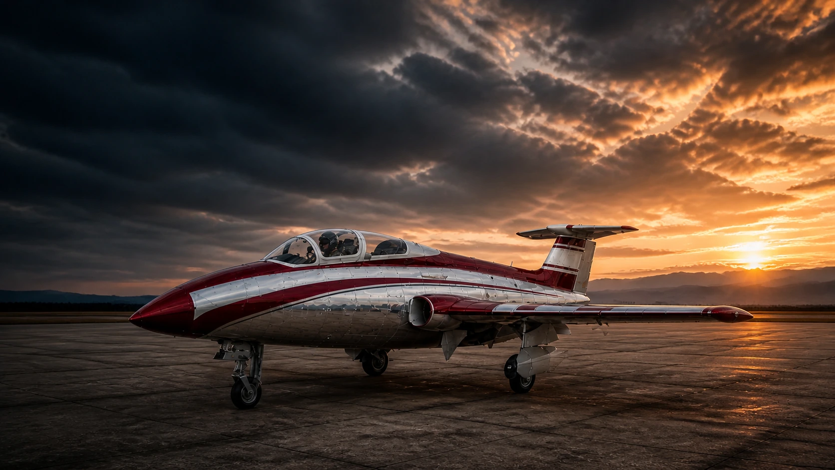 A complete red and silver Aero L-29 jet with its pilot on the flight line at sunset.